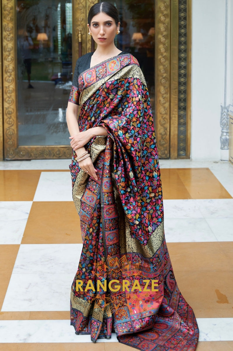Onyx Black Woven Kashmiri Pashmina Saree