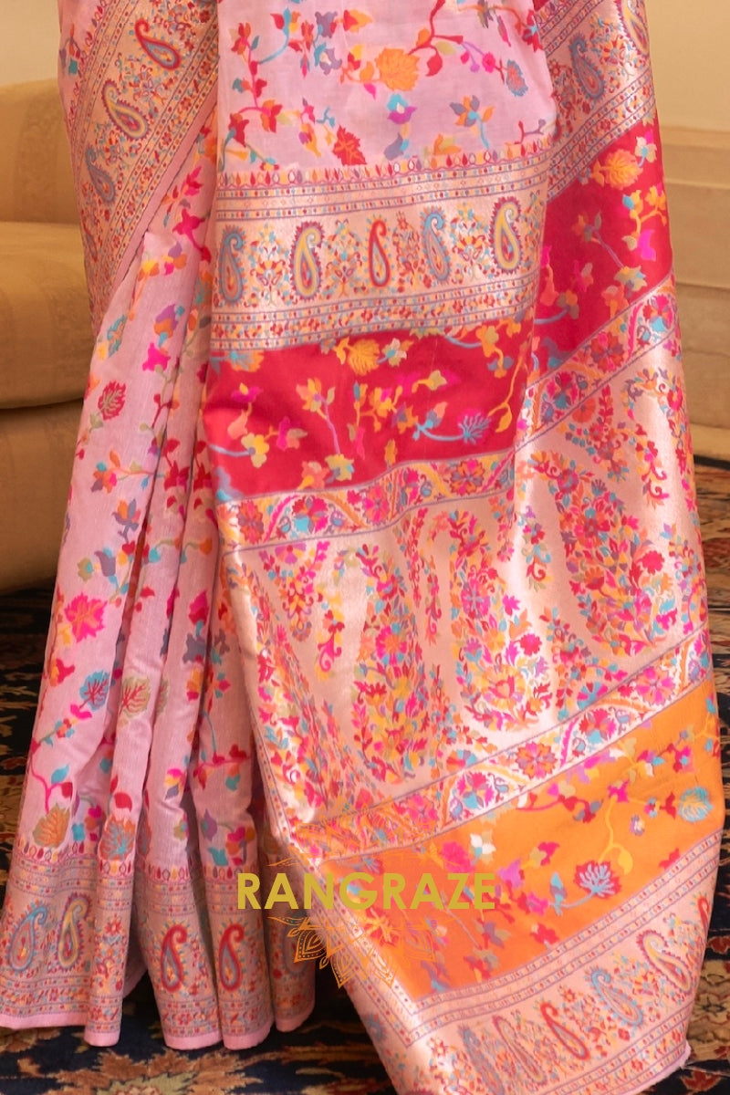 Baby Pink Multi Color Woven Pashmina Jamewar Saree