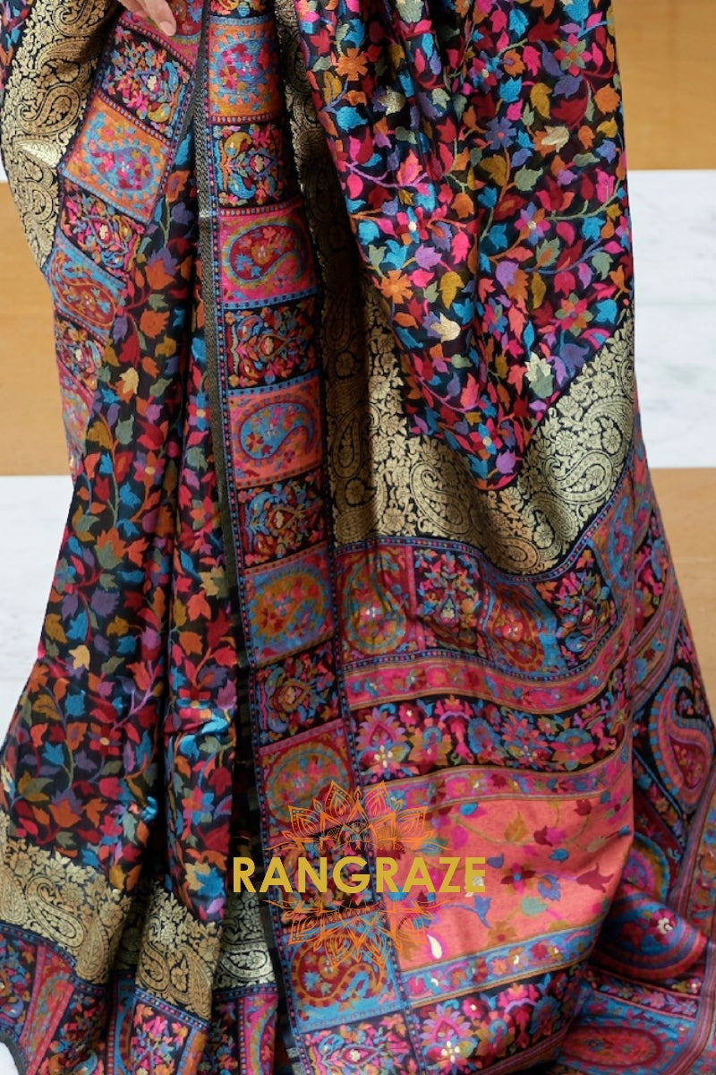 Onyx Black Woven Kashmiri Pashmina Saree