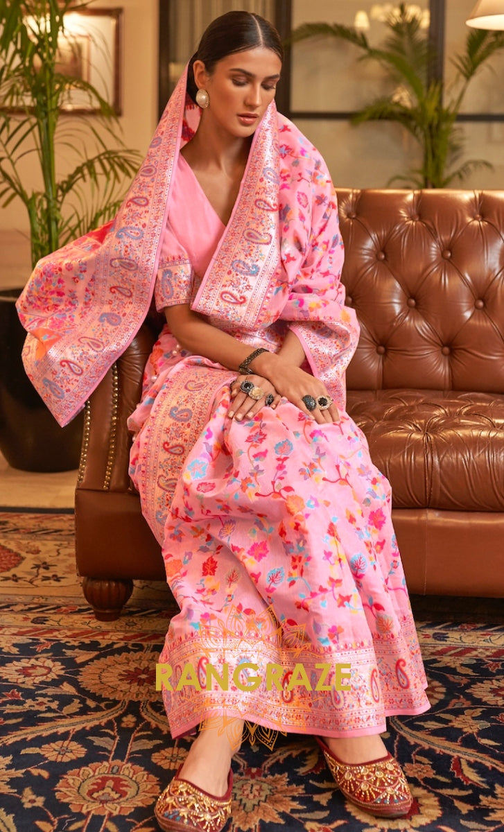 Baby Pink Multi Color Woven Pashmina Jamewar Saree