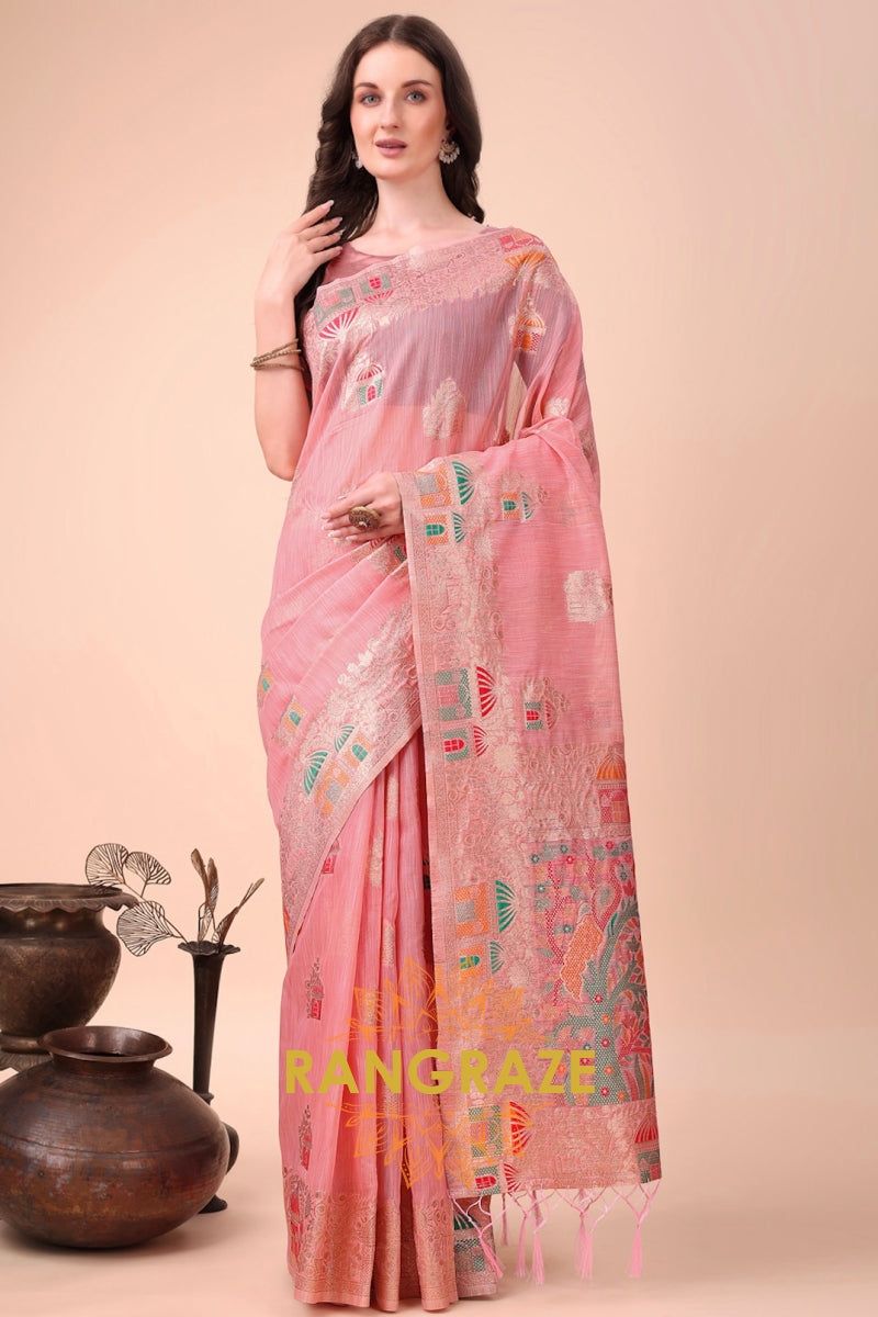 Blush Pink Linen Cotton Saree with Multicolor Resham Embroidery