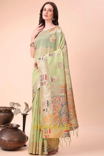 Pistachio Green Linen Cotton Saree with Multicolor Resham Embroidery