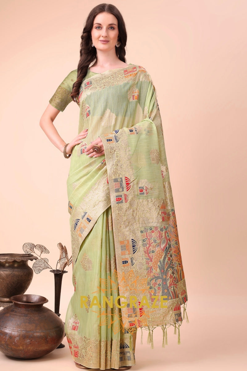 Pistachio Green Linen Cotton Saree with Multicolor Resham Embroidery