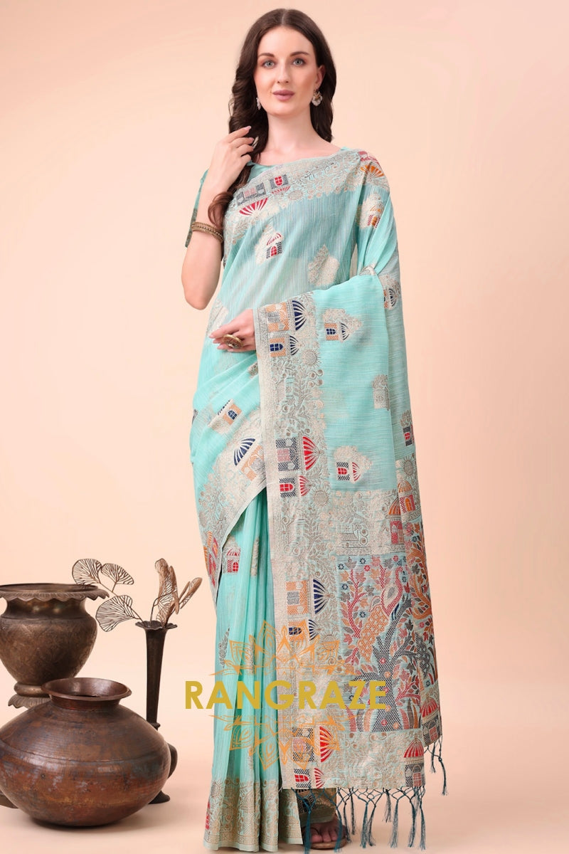 Aqua Serenity Linen Cotton Saree with Multicolor Resham & Zari Work