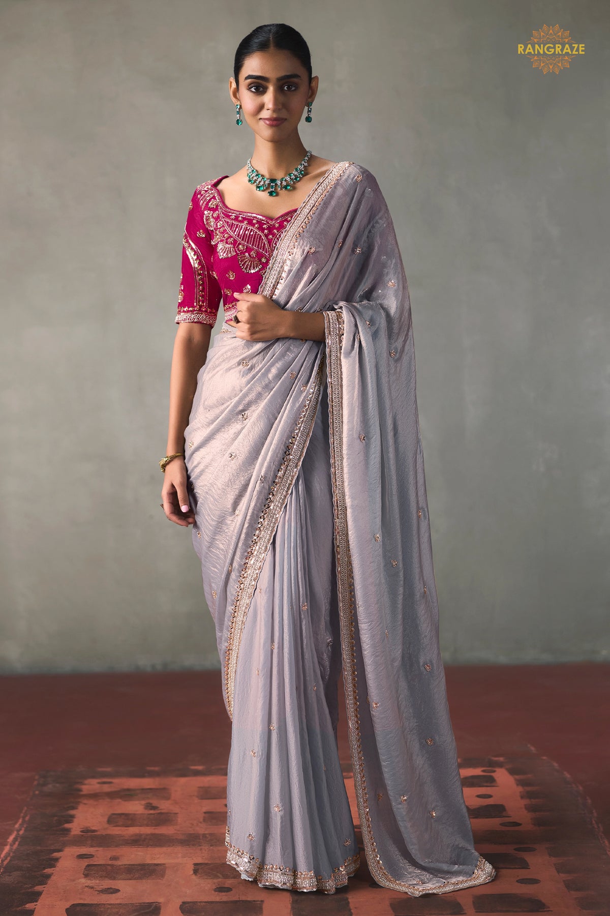 Lavender Bead Work Sheer Texture Silk Saree