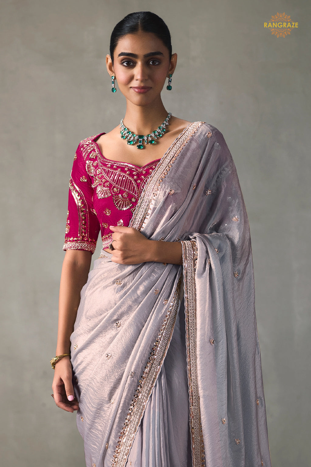 Lavender Bead Work Sheer Texture Silk Saree