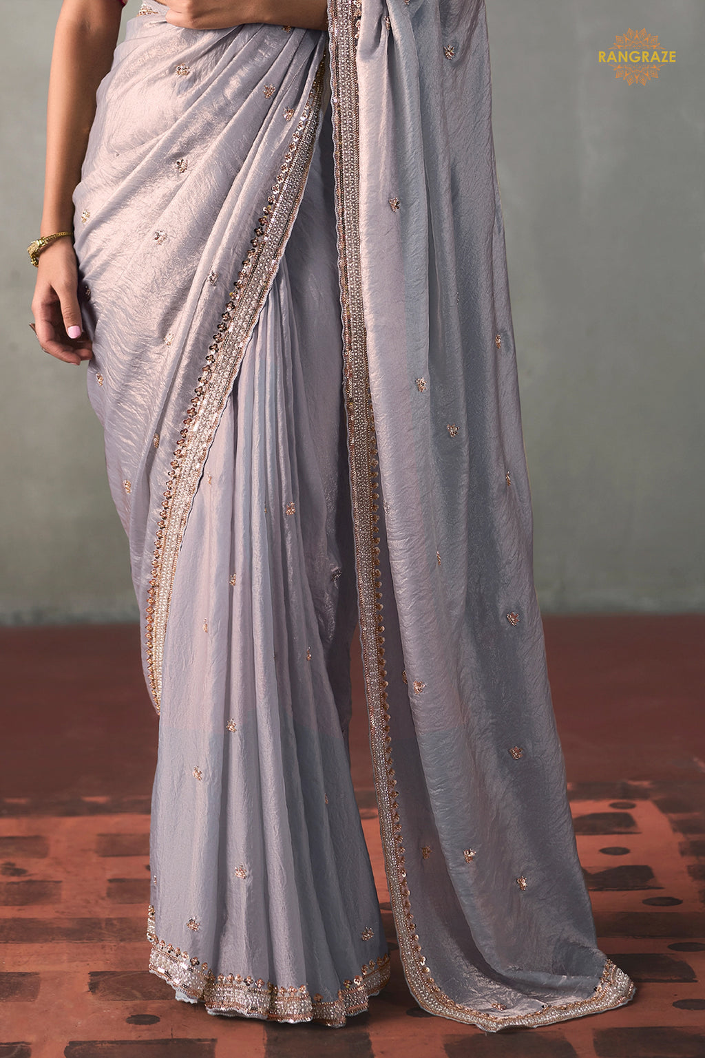 Lavender Bead Work Sheer Texture Silk Saree