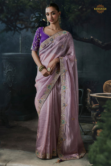 Lavender Embroidered Tissue Organza Saree