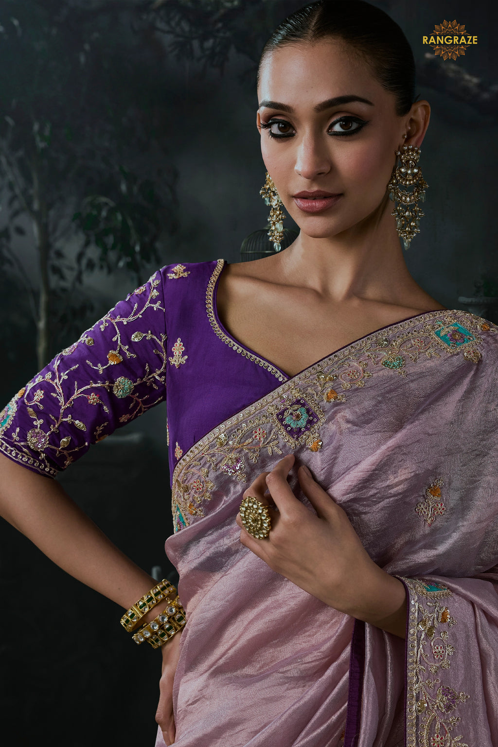 Lavender Embroidered Tissue Organza Saree