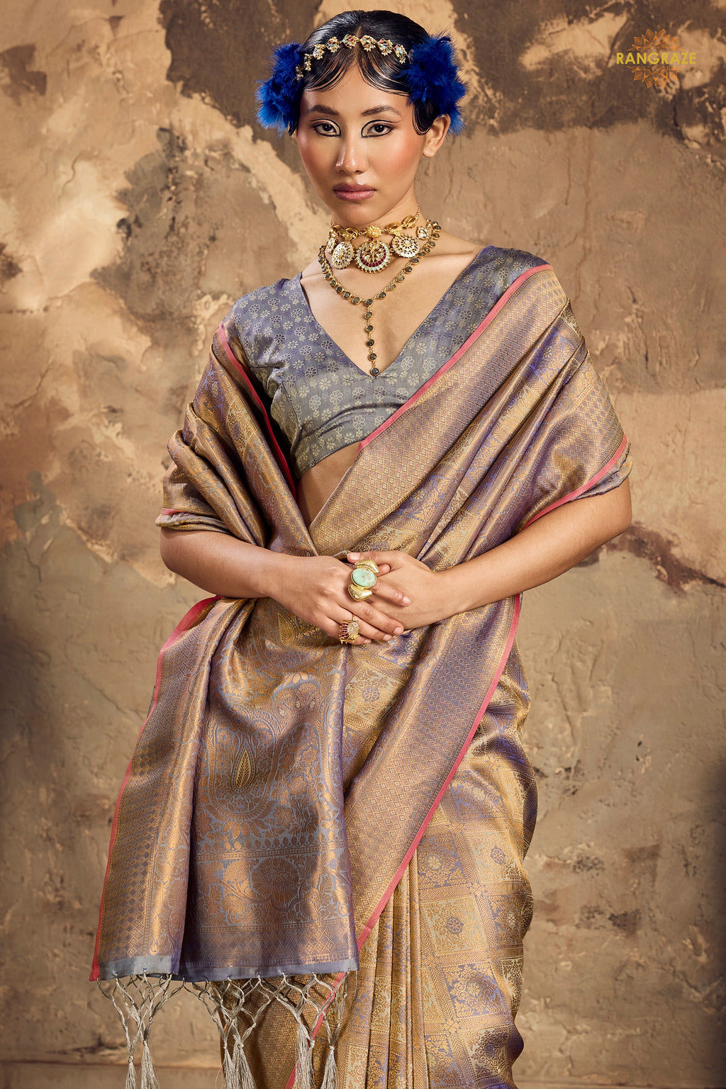 Lavender Grey Woven Kanjivaram Silk Saree