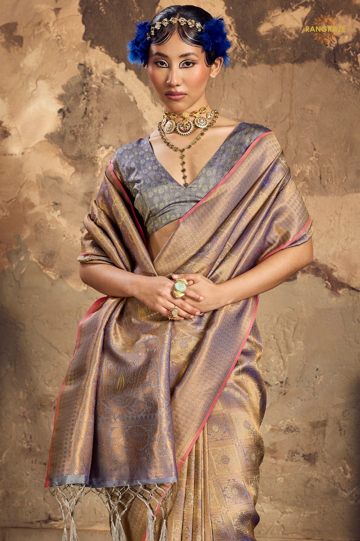 Lavender Grey Woven Kanjivaram Silk Saree
