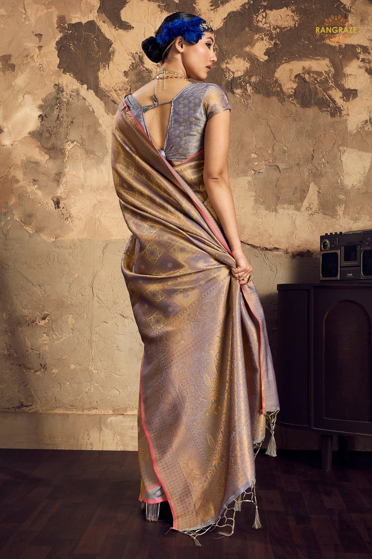 Lavender Grey Woven Kanjivaram Silk Saree