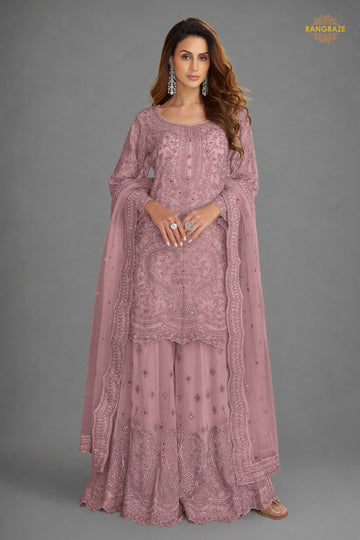Lavender Pink Stitched Embroidered Net Palazzo Suit