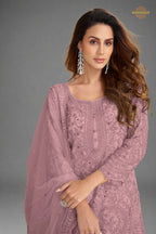 Lavender Pink Stitched Embroidered Net Palazzo Suit