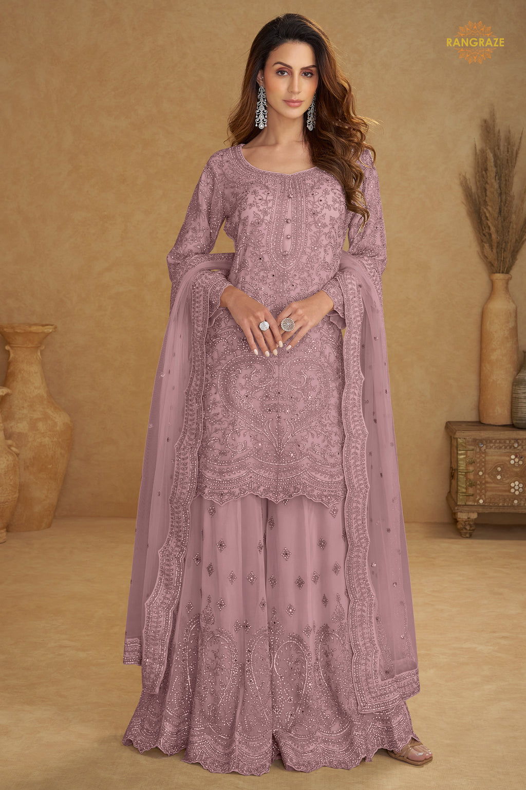 Lavender Pink Stitched Embroidered Net Palazzo Suit