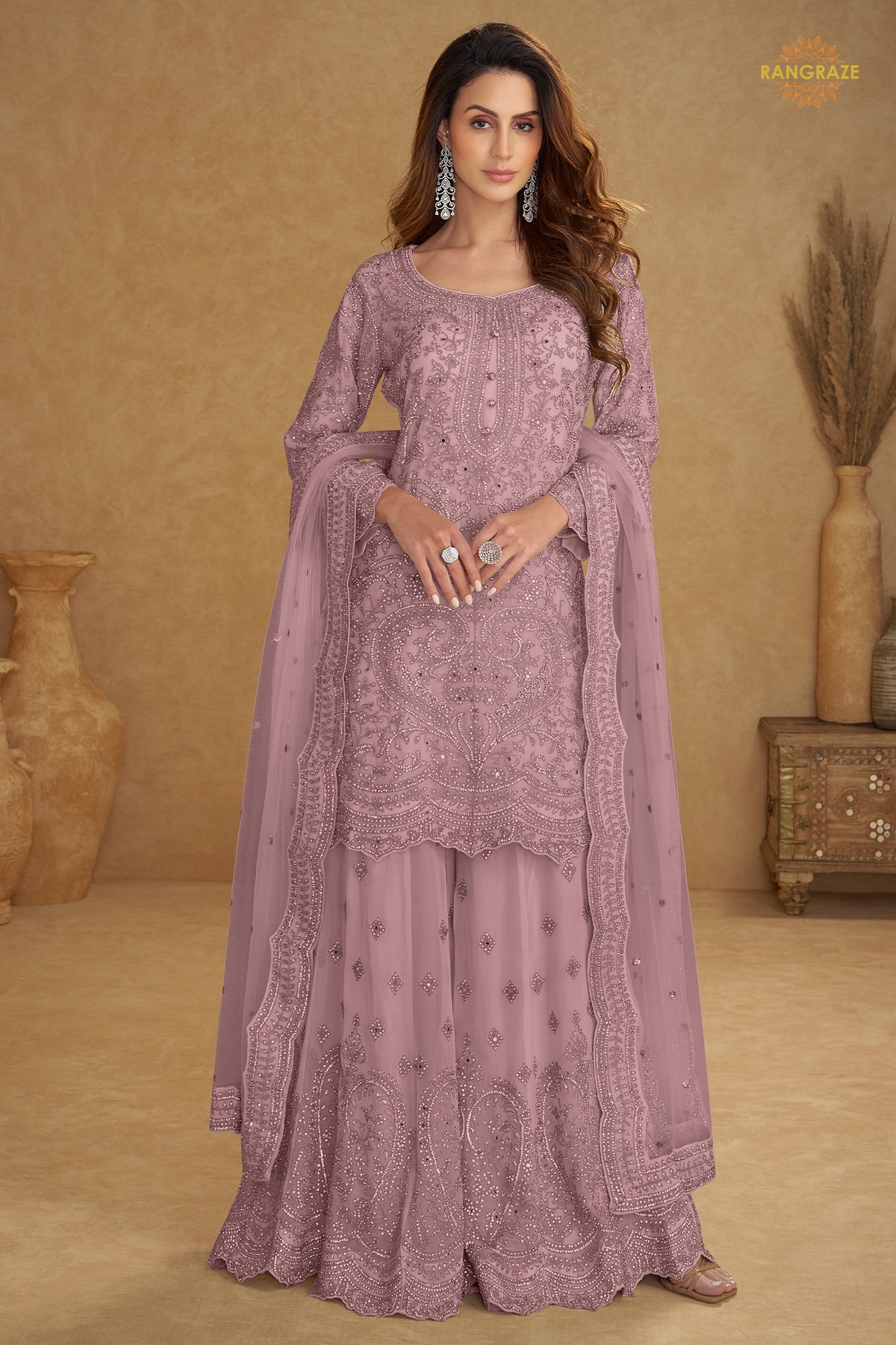 Lavender Pink Stitched Embroidered Net Palazzo Suit