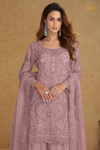 Lavender Pink Stitched Embroidered Net Palazzo Suit