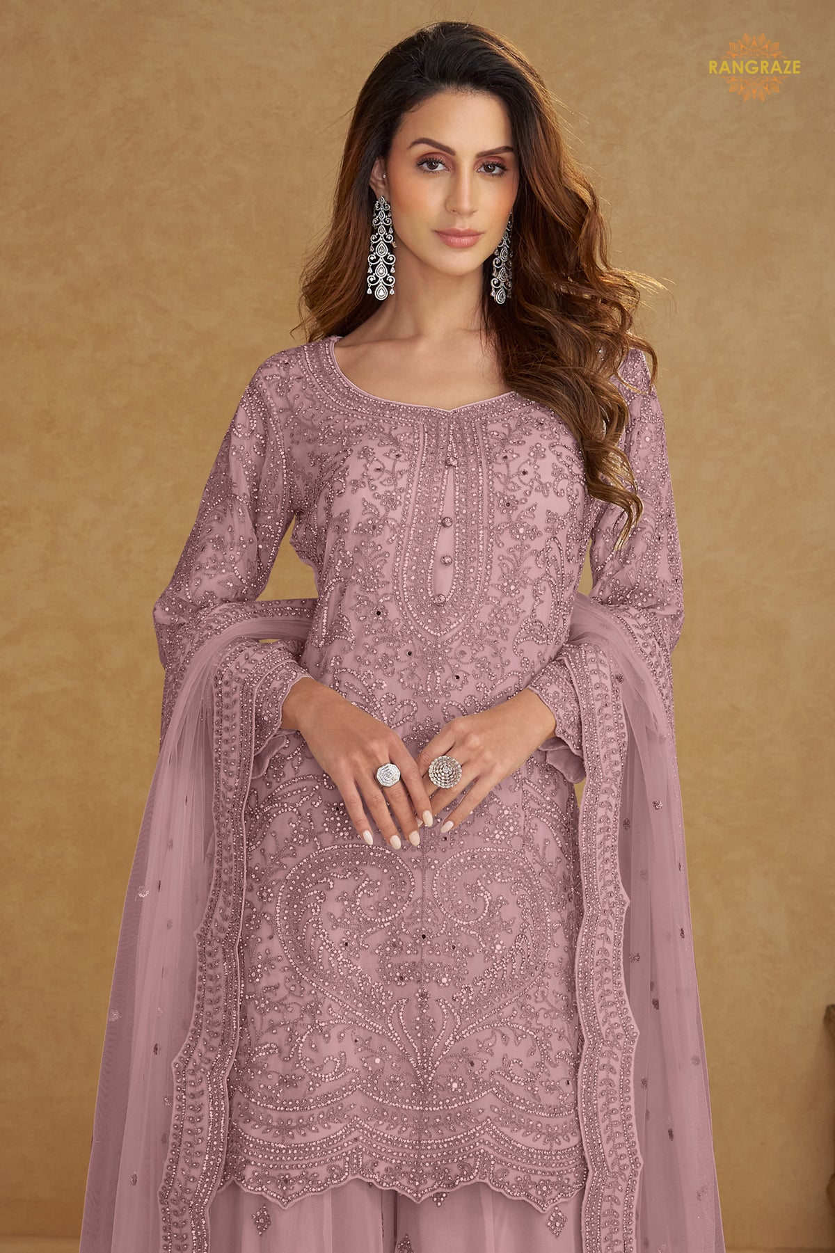 Lavender Pink Stitched Embroidered Net Palazzo Suit