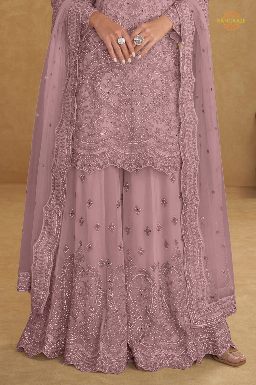 Lavender Pink Stitched Embroidered Net Palazzo Suit
