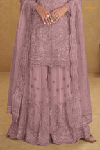 Lavender Pink Stitched Embroidered Net Palazzo Suit