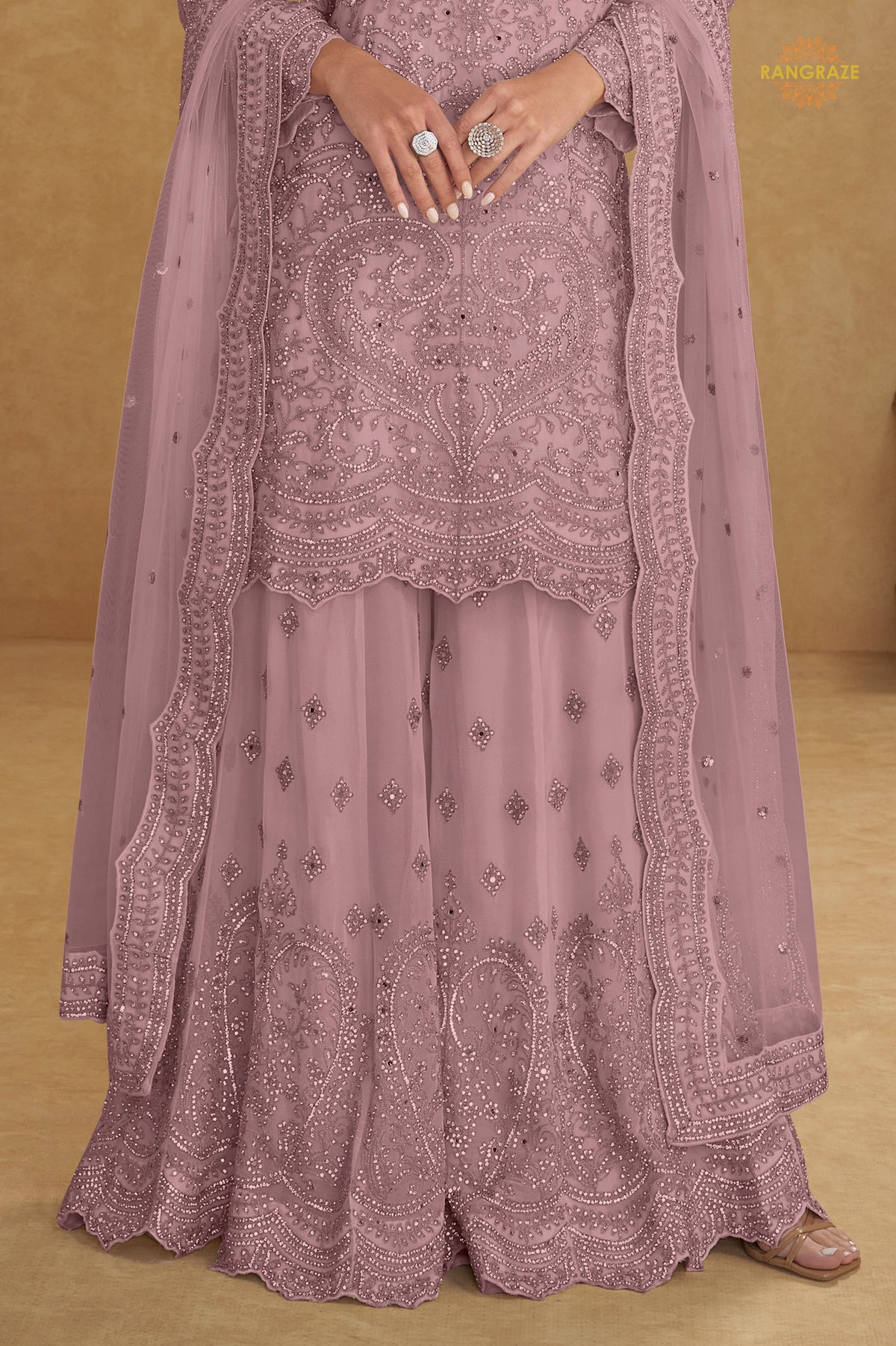 Lavender Pink Stitched Embroidered Net Palazzo Suit