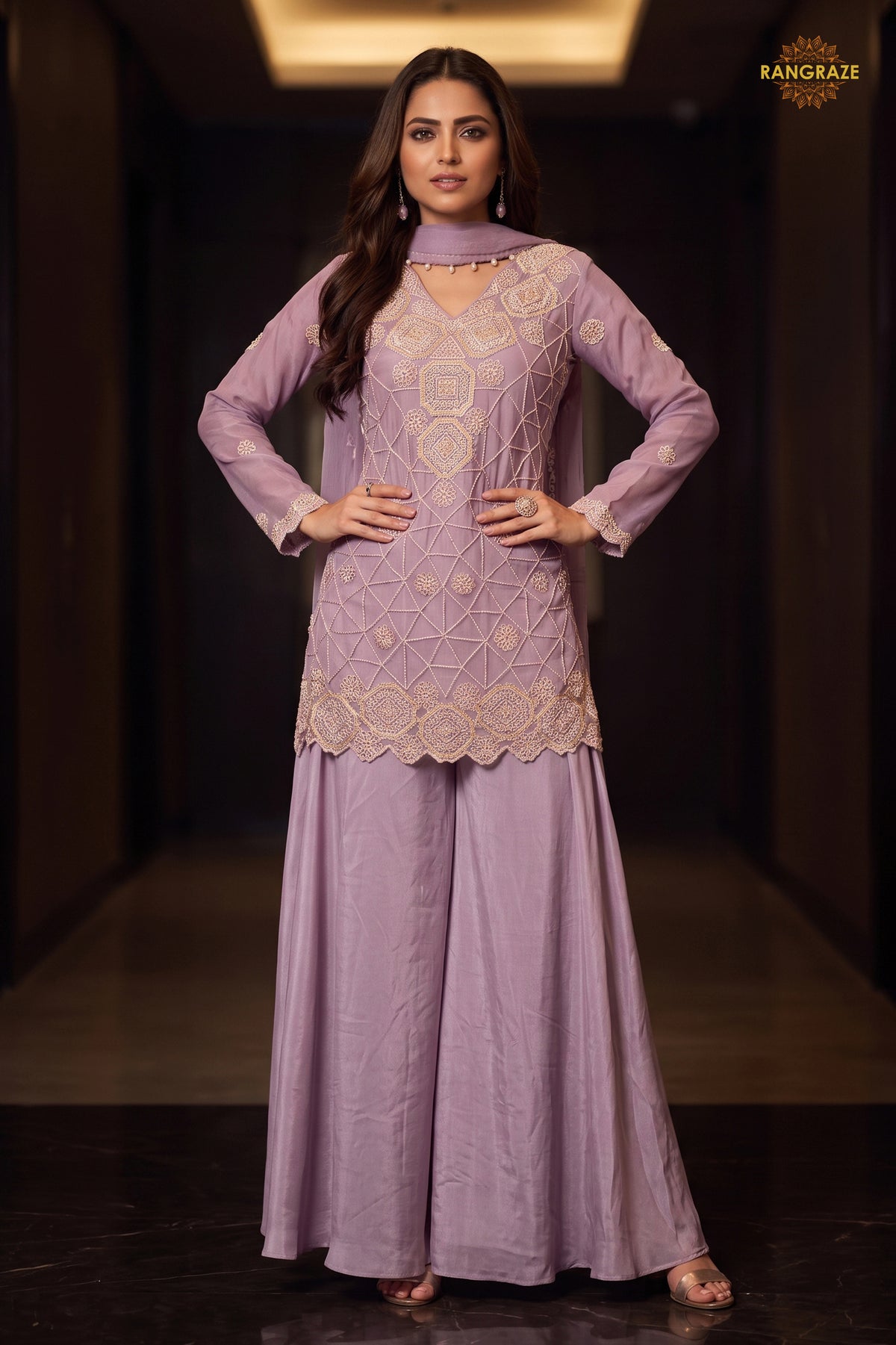 Lavender Readymade Bead Work Chinon Palazzo Suit