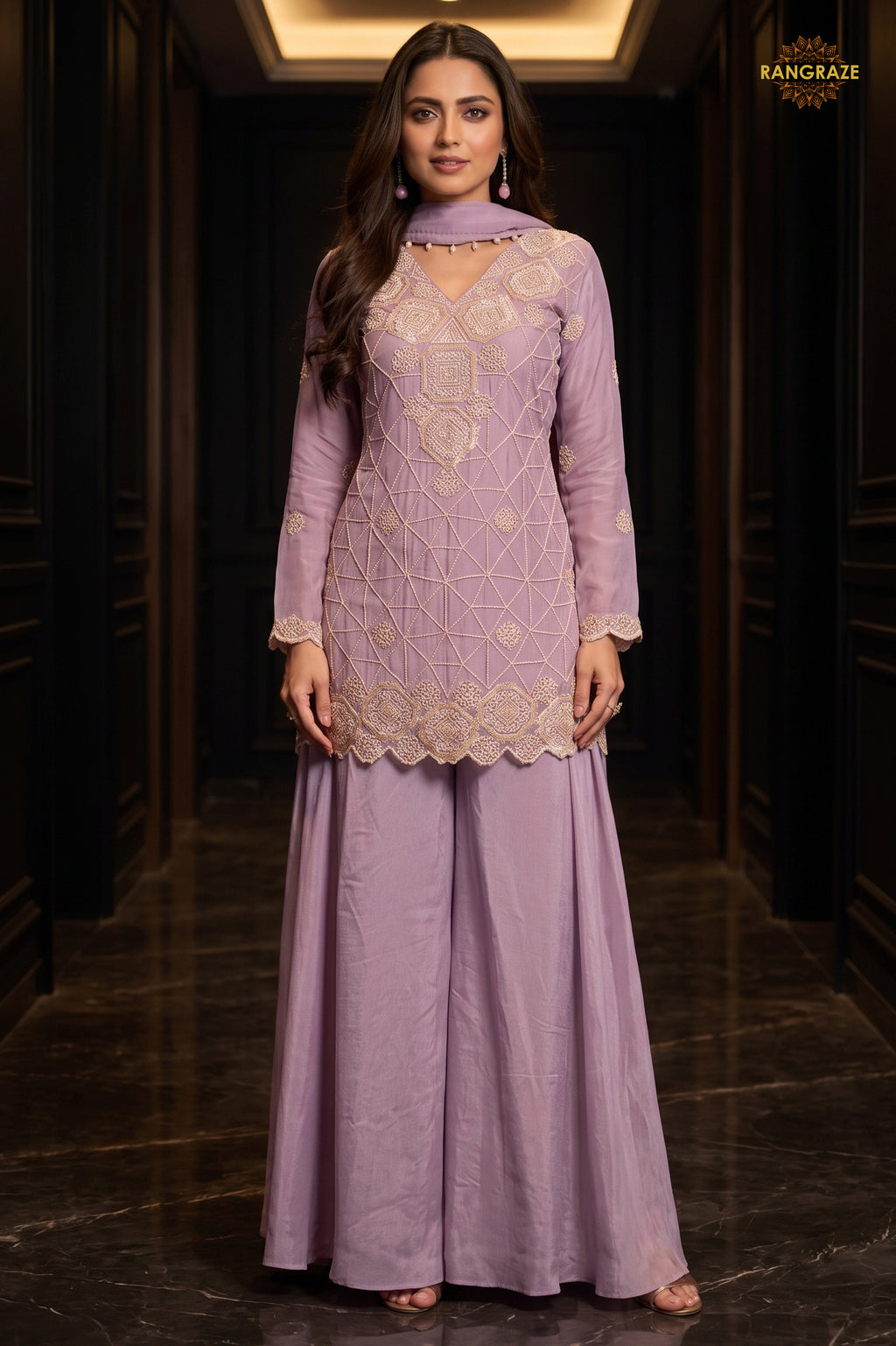 Lavender Readymade Bead Work Chinon Palazzo Suit