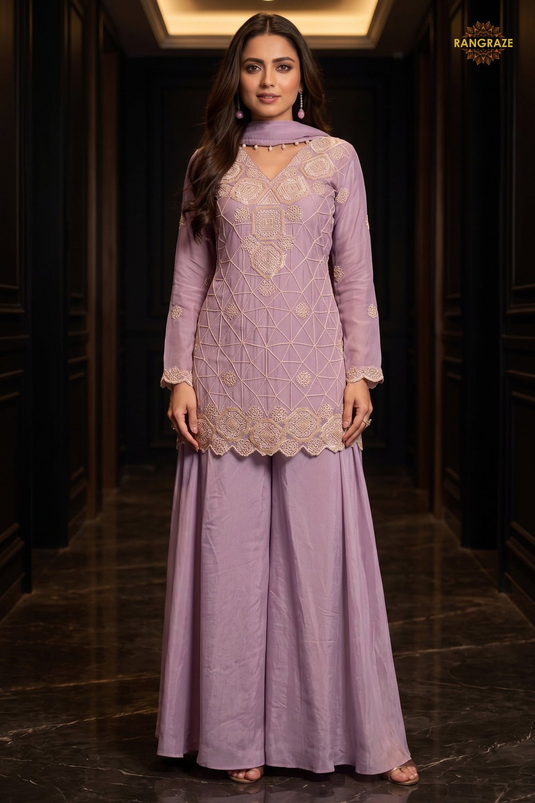 Lavender Readymade Bead Work Chinon Palazzo Suit