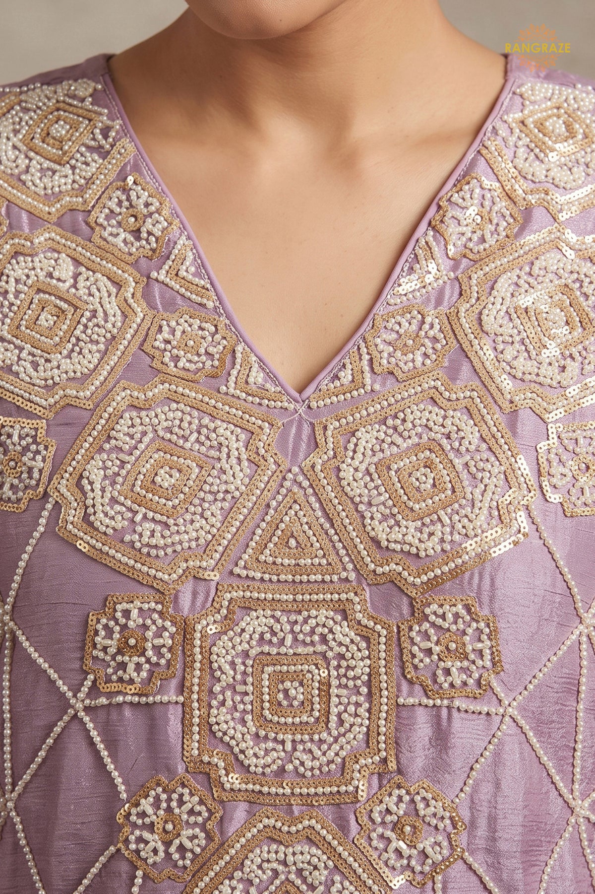Lavender Readymade Bead Work Chinon Palazzo Suit