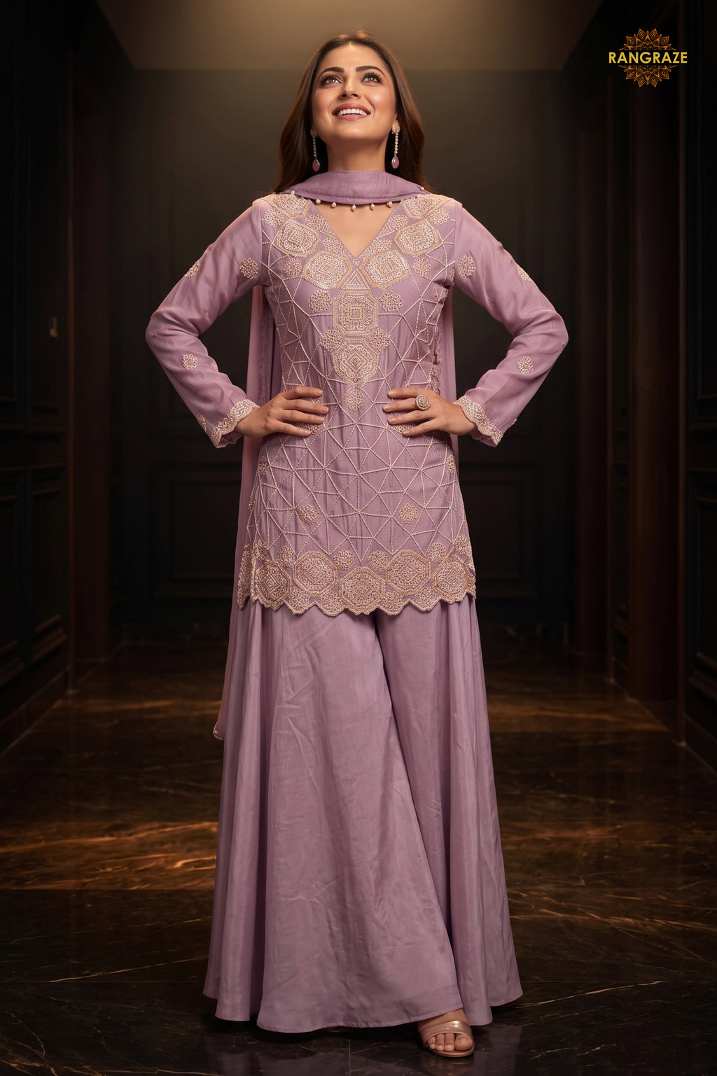Lavender Readymade Bead Work Chinon Palazzo Suit