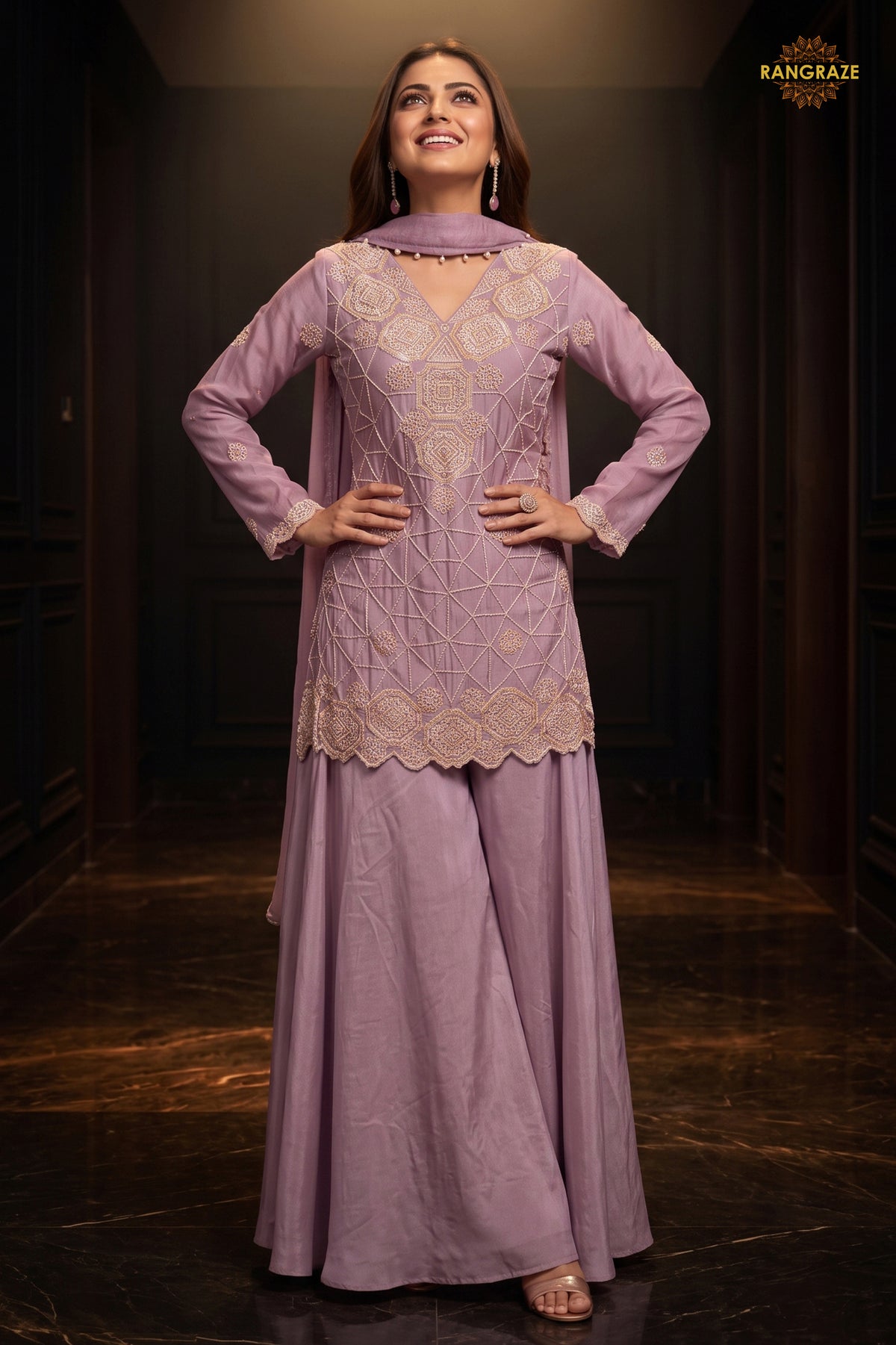 Lavender Readymade Bead Work Chinon Palazzo Suit