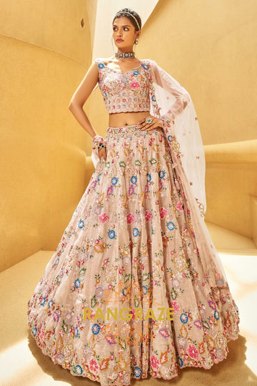 Elegant Rose Gold Organza Semi-Stitched Lehenga Choli with Intricate Sequins and Embroidery Detailing