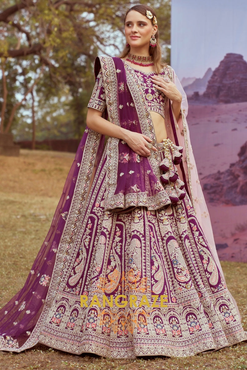 Royal Purple Pure Silk Bridal Lehenga Choli with Moti and Zarkan Embroidery