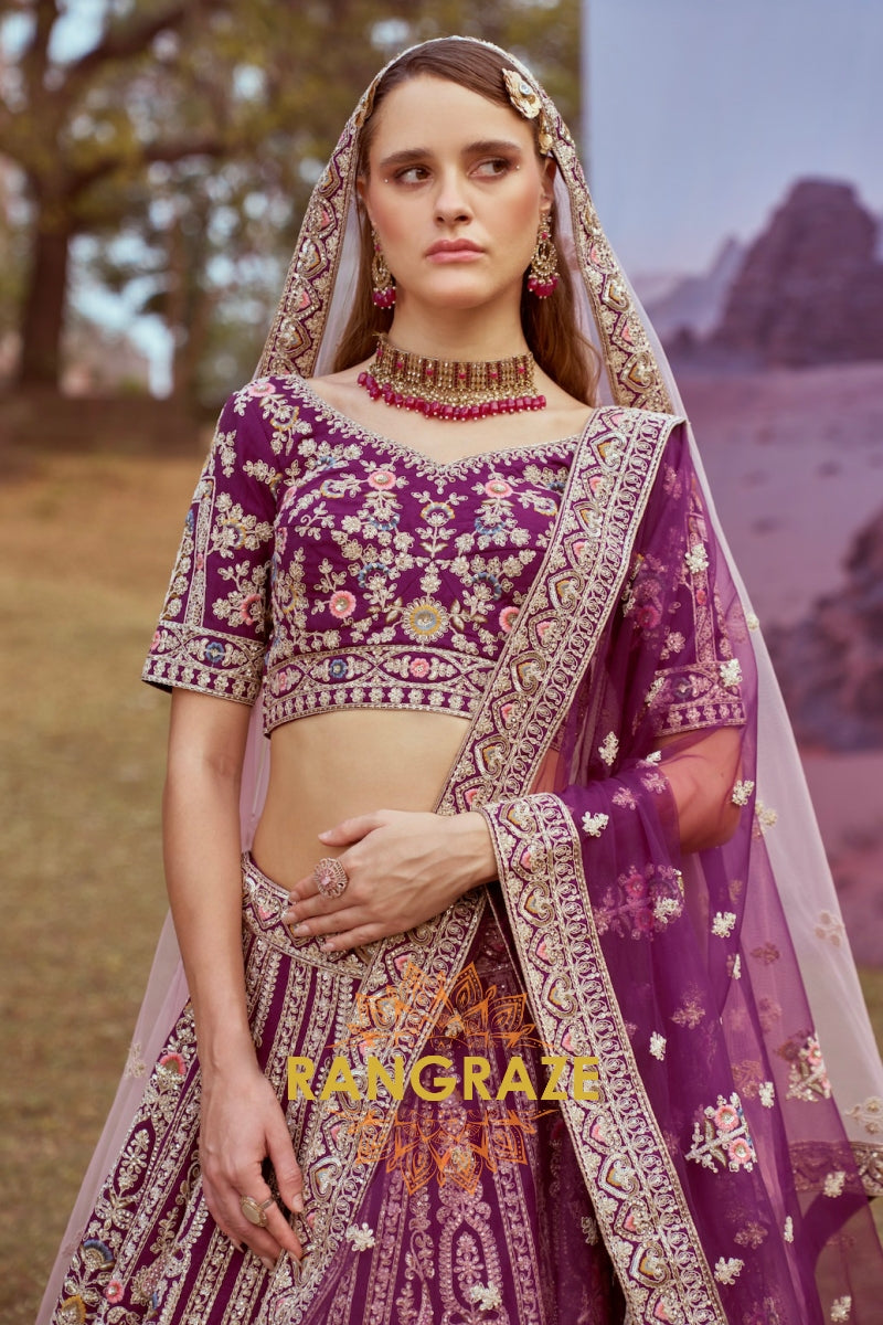 Royal Purple Pure Silk Bridal Lehenga Choli with Moti and Zarkan Embroidery