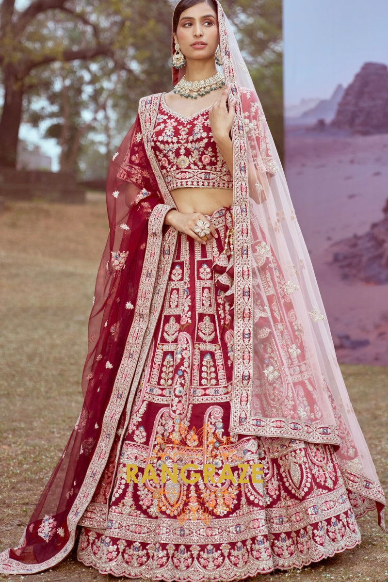 Maroon Pure Silk Bridal Lehenga Choli with Moti, Sequins, and Intricate Embroidery