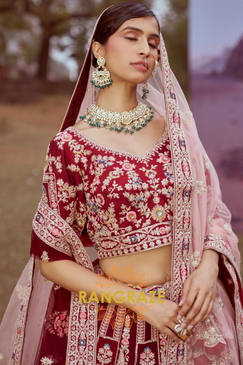 Maroon Pure Silk Bridal Lehenga Choli with Moti, Sequins, and Intricate Embroidery