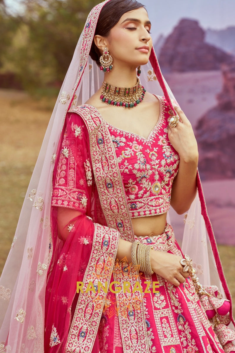 Pink Pure Silk Bridal Lehenga Choli with Moti, Sequins, and Intricate Embroidery