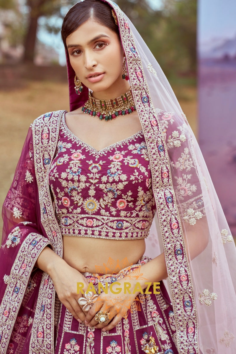 Purple Pure Silk Bridal Lehenga Choli with Moti, Zarkan, and Intricate Embroidery