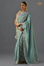 Light Blue Embroidered Viscose Tissue Saree