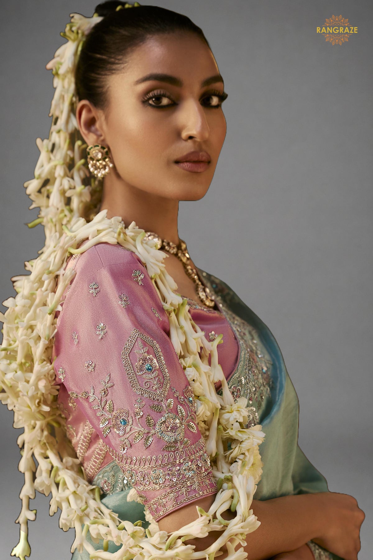 Light Blue Embroidered Viscose Tissue Saree