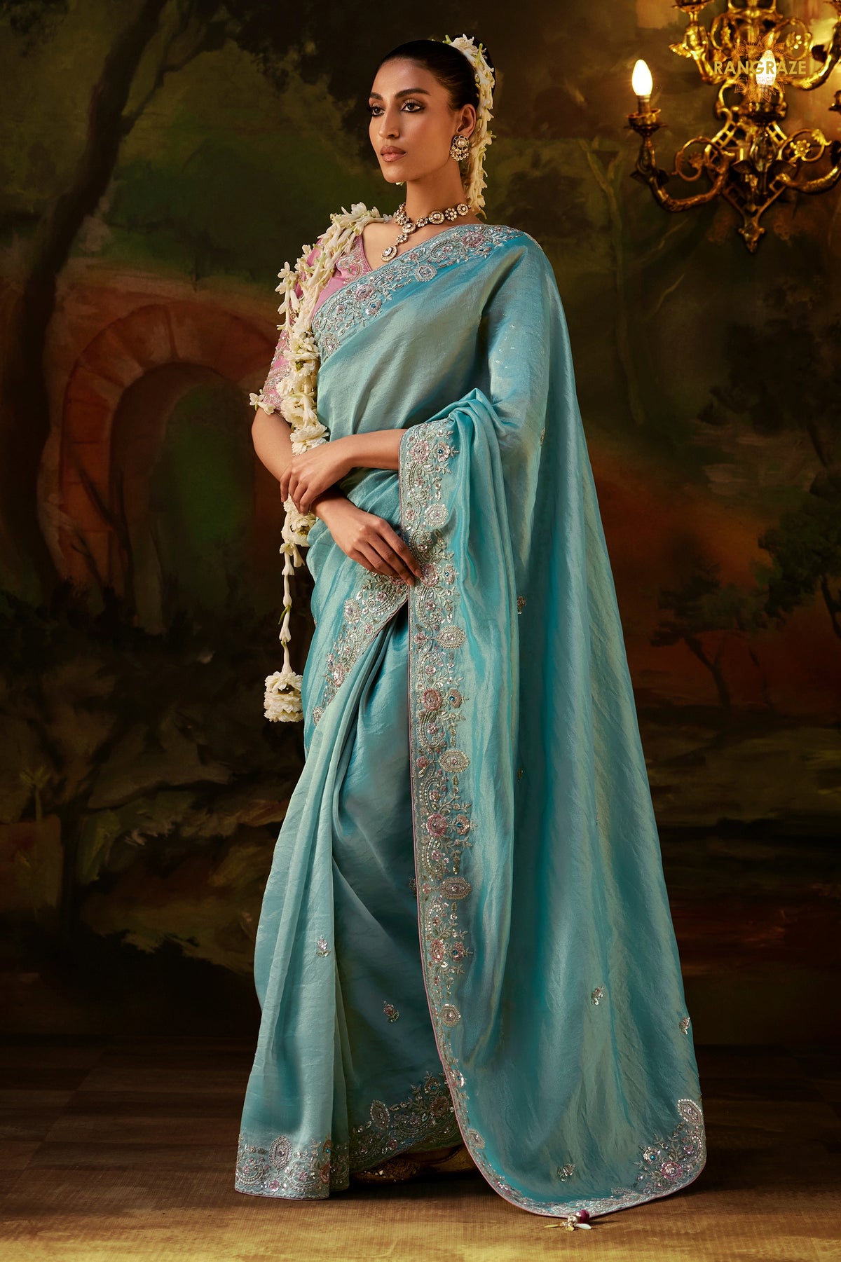 Light Blue Embroidered Viscose Tissue Saree