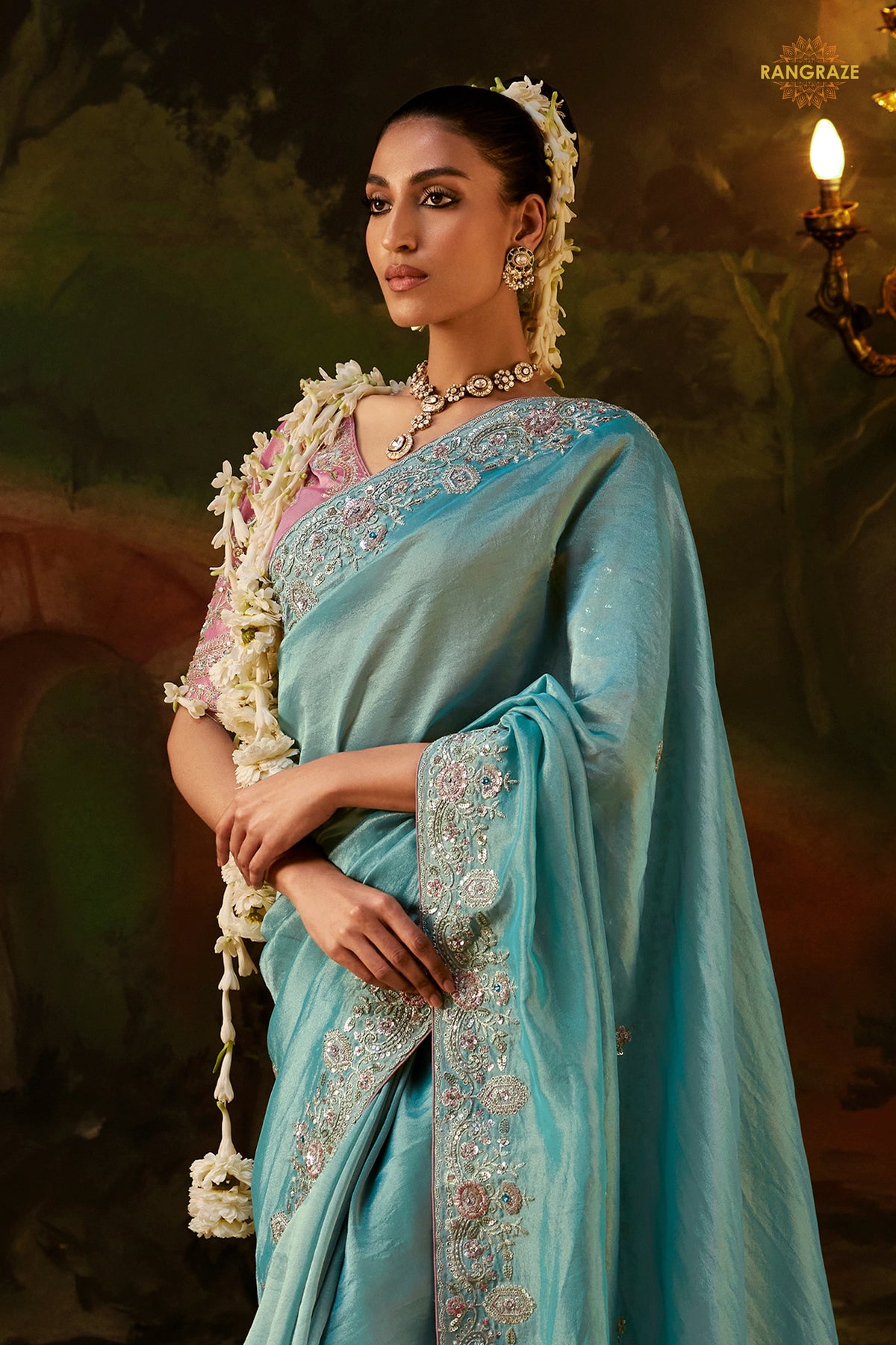 Light Blue Embroidered Viscose Tissue Saree