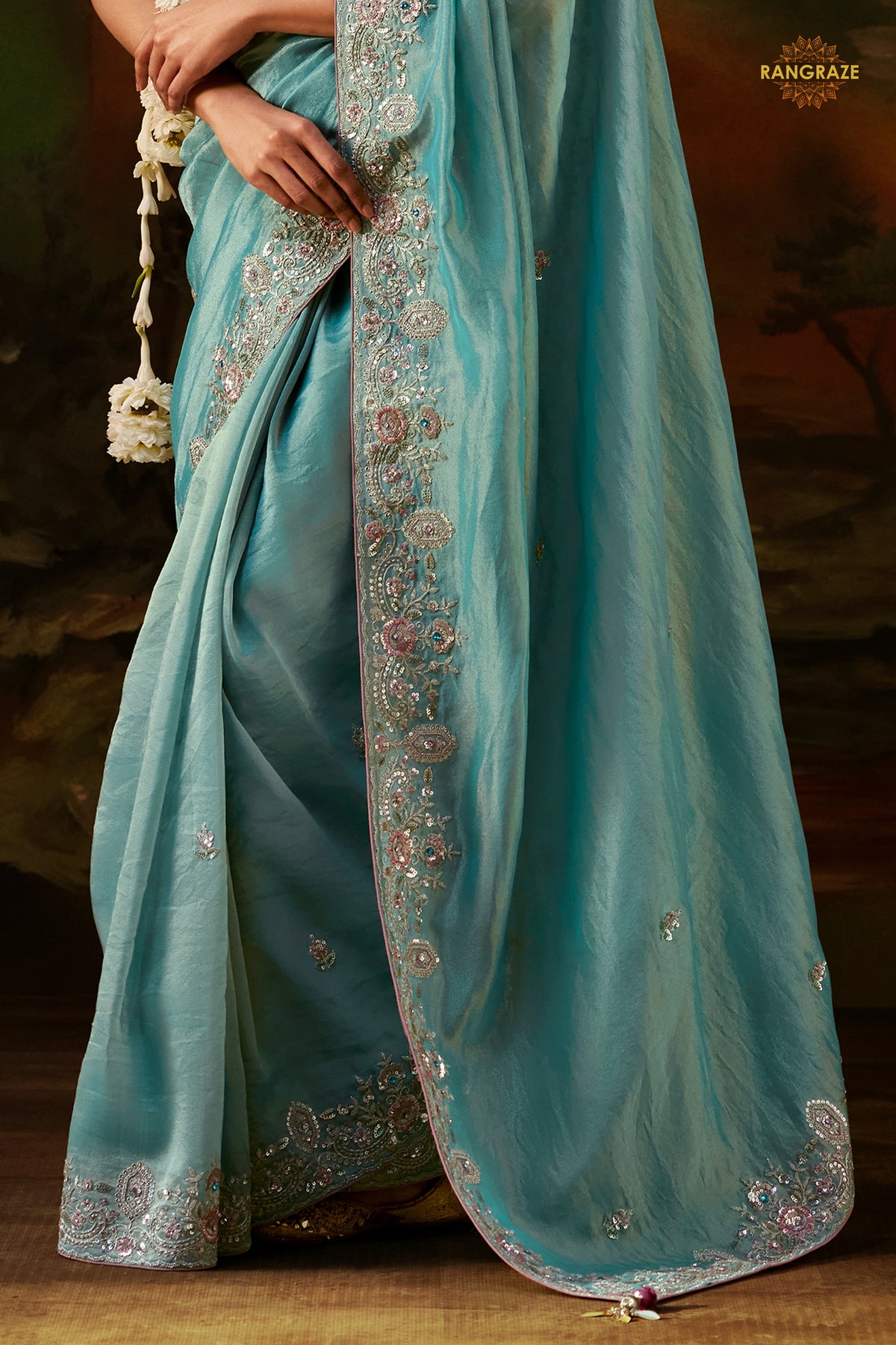Light Blue Embroidered Viscose Tissue Saree