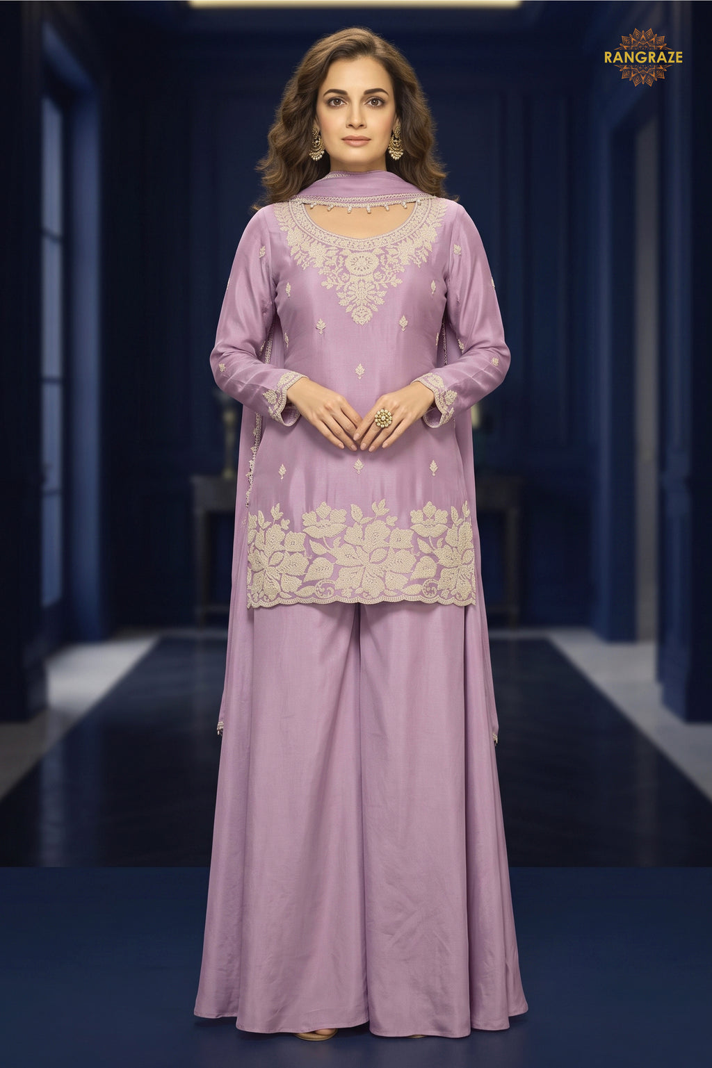 Lilac Readymade Bead Work Chinon Palazzo Suit
