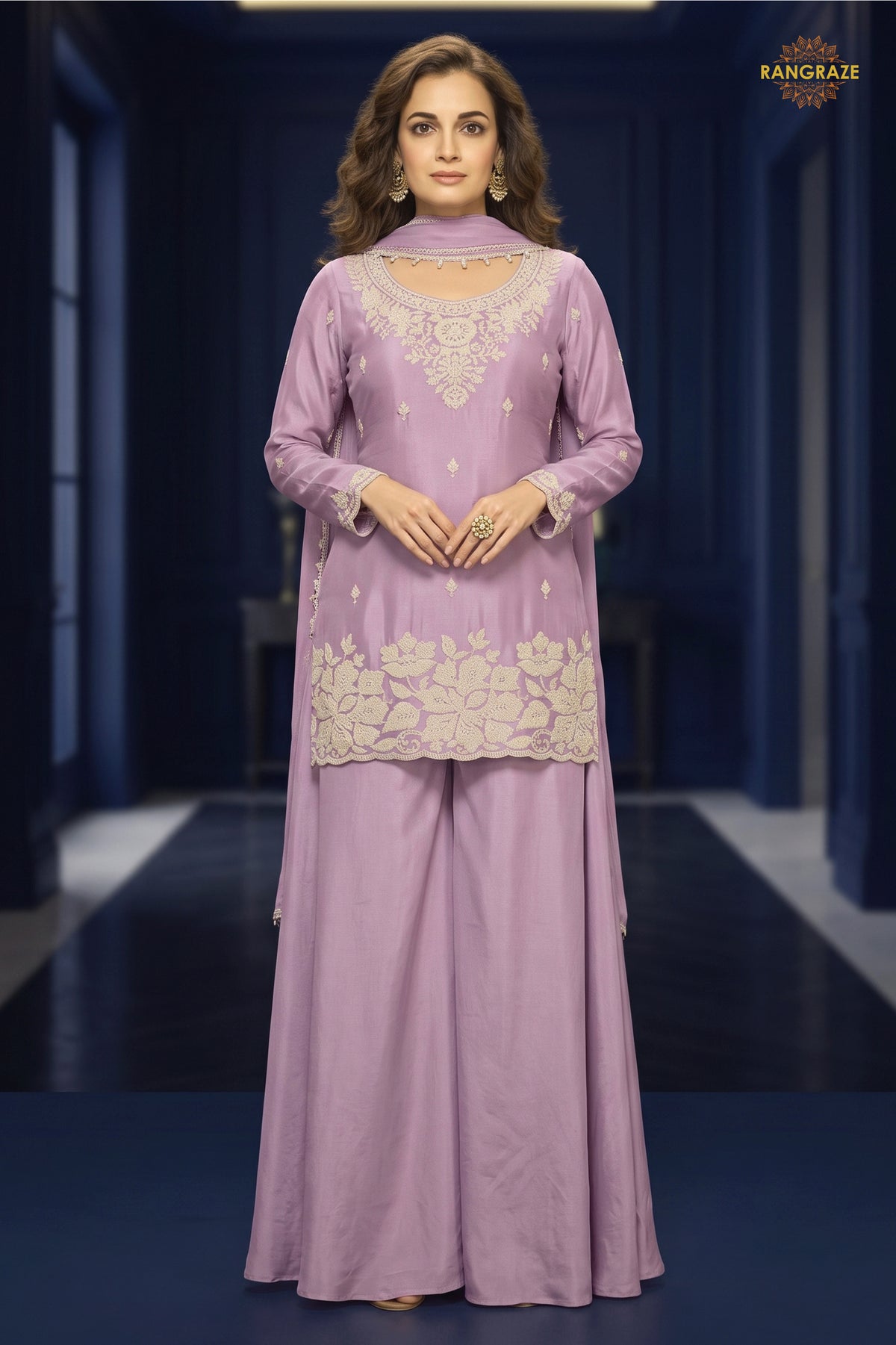 Lilac Readymade Bead Work Chinon Palazzo Suit
