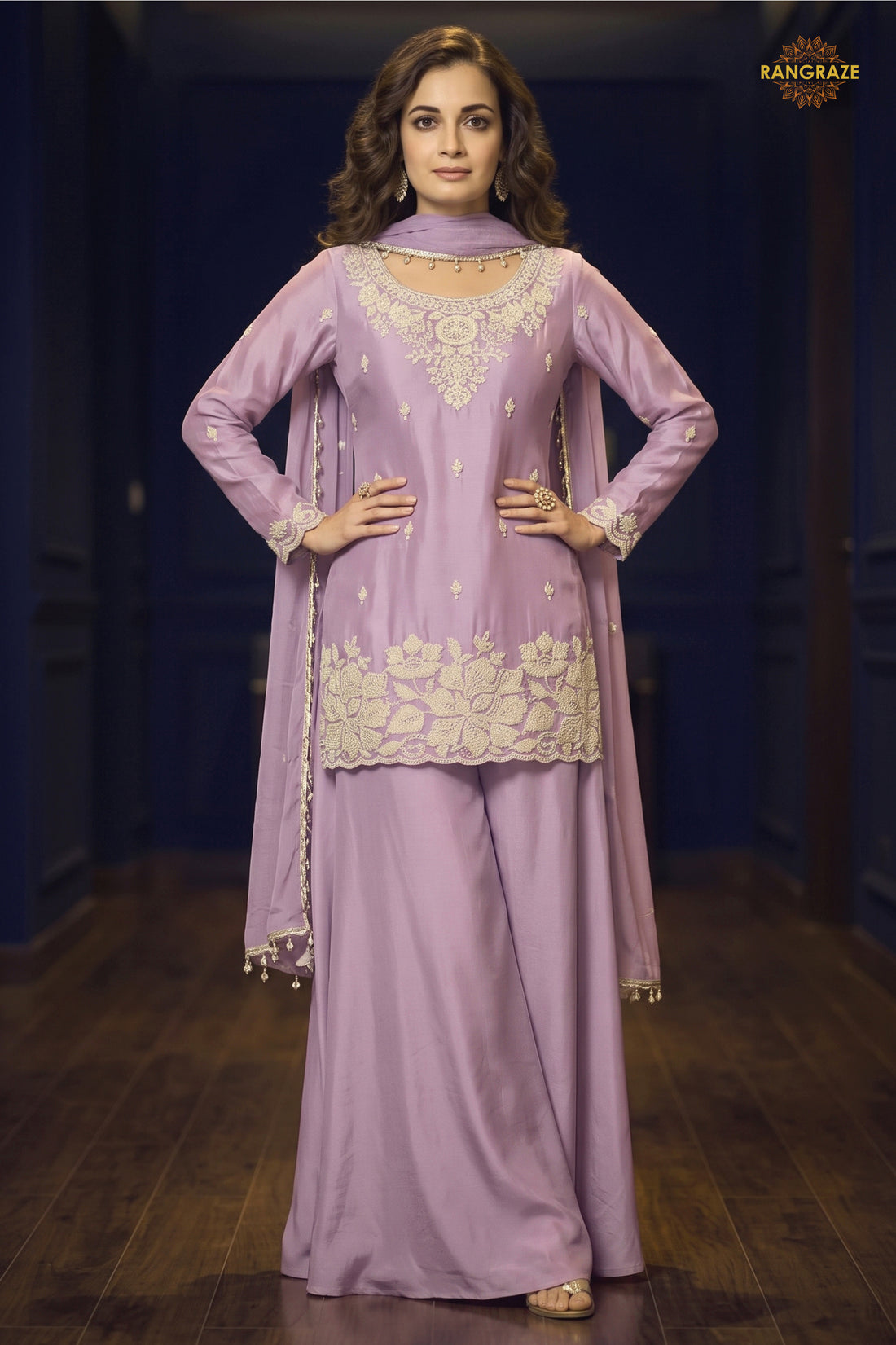 Lilac Readymade Bead Work Chinon Palazzo Suit