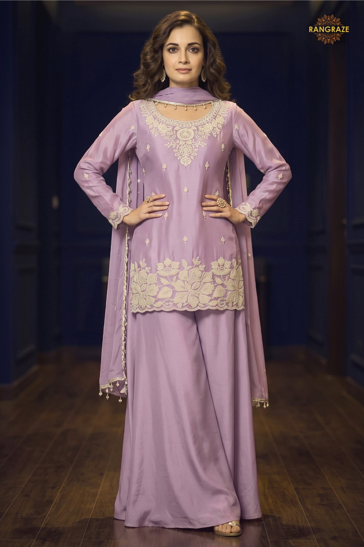 Lilac Readymade Bead Work Chinon Palazzo Suit