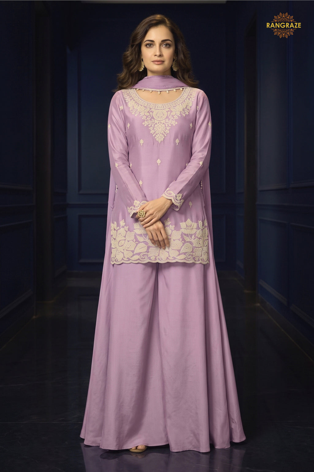 Lilac Readymade Bead Work Chinon Palazzo Suit