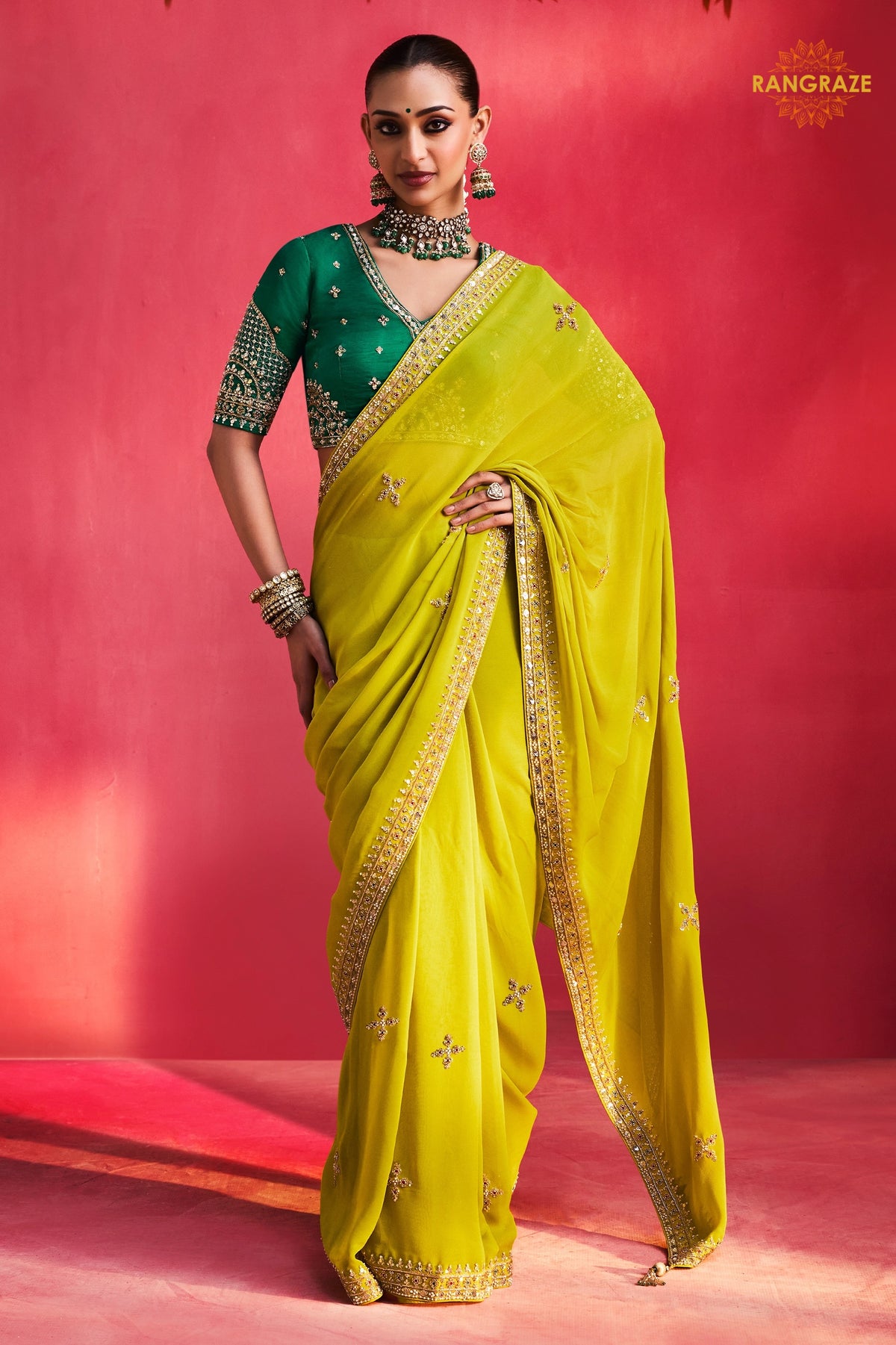 Lime Green Embroidered Silk Saree With Designer Border