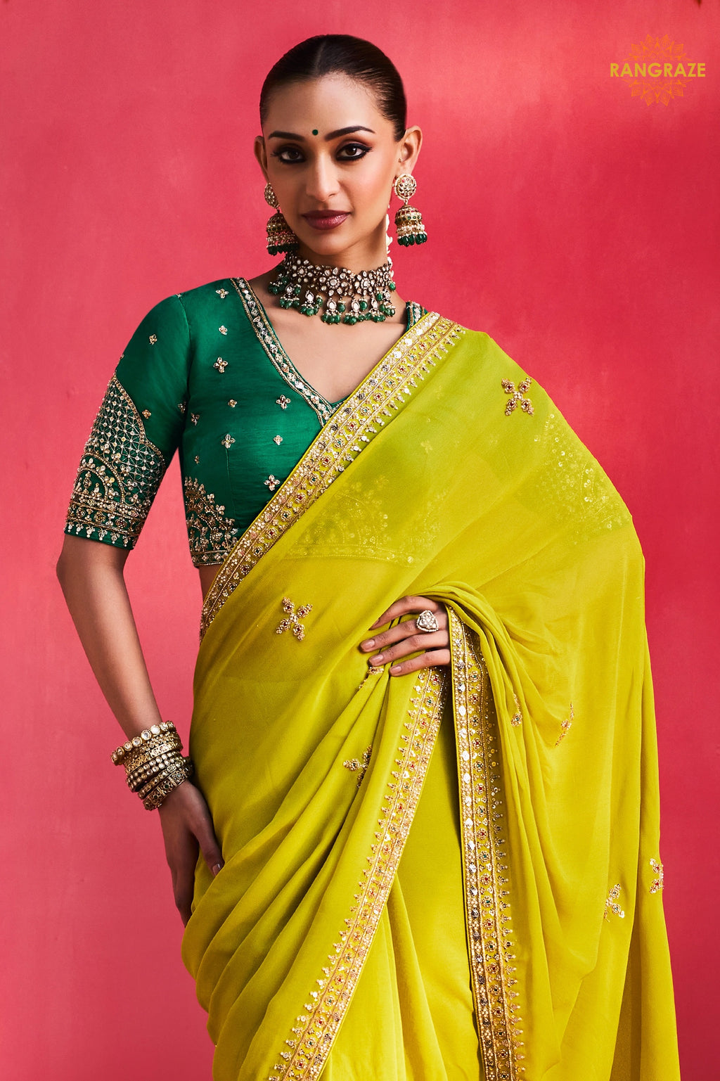 Lime Green Embroidered Silk Saree With Designer Border
